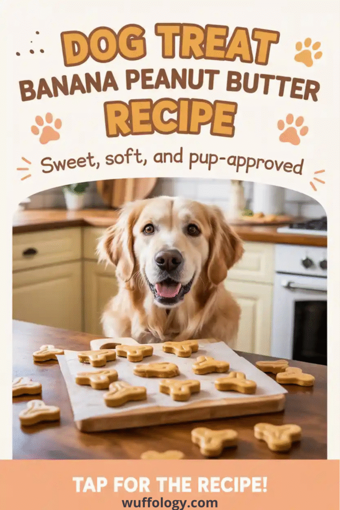 Golden retriever sitting in a kitchen, happily looking at a tray of homemade dog-bone shaped treats. The text on the image reads ‘Dog Treat Banana Peanut Butter Recipe – Sweet, soft, and pup-approved’ with a bottom banner saying ‘Tap for the recipe!