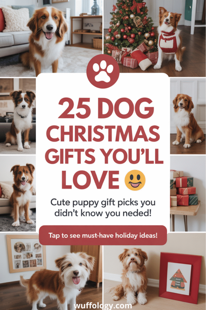 Collage-style Pinterest pin featuring several cute dogs in cozy holiday settings, including a decorated Christmas tree and wrapped presents. Center text reads ‘25 Dog Christmas Gifts You’ll Love 😊’ with the tagline ‘Cute puppy gift picks you didn’t know you needed!’ and a CTA bar saying ‘Tap to see must-have holiday ideas!