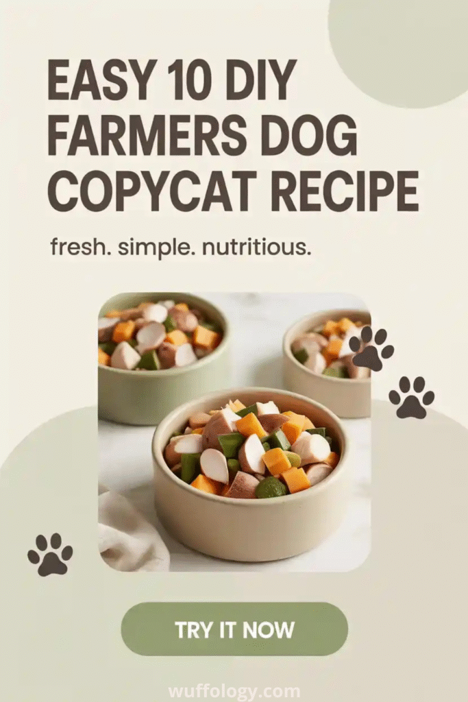 Bowl of fresh homemade dog food made with diced vegetables and protein, with text reading ‘Easy 10 DIY Farmers Dog Copycat Recipe – fresh. simple. nutritious.’ and a green button that says ‘Try It Now,’ decorated with small paw print graphics.