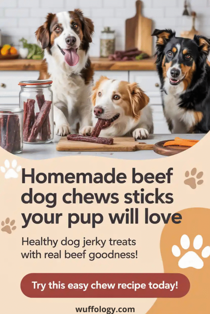 Three happy dogs in a kitchen enjoying long Homemade Beef Dog Chews Sticks, with jars of beef chew treats on the counter. Text on the image reads ‘Homemade beef dog chews sticks your pup will love – Healthy dog jerky treats with real beef goodness! Try this easy chew recipe today!