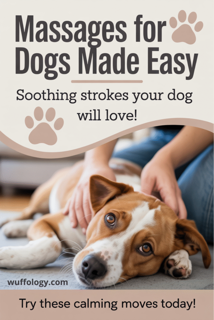 A relaxed brown and white dog lying on the floor while a person gently massages its back. The image features text that reads ‘Massages for Dogs Made Easy,’ ‘Soothing strokes your dog will love!,’ and ‘Try these calming moves today!’ with soft paw-print graphics in a calm, neutral design