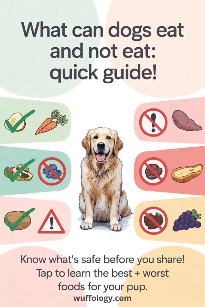 Illustrated guide titled ‘What can dogs eat and not eat: quick guide!’ showing safe and unsafe foods for dogs, with green check marks for safe items like carrots and avocado, and red warning symbols for unsafe foods like grapes and certain nuts. A happy Golden Retriever sits in the center, with the tagline ‘Know what’s safe before you share! Tap to learn the best + worst foods for your pup