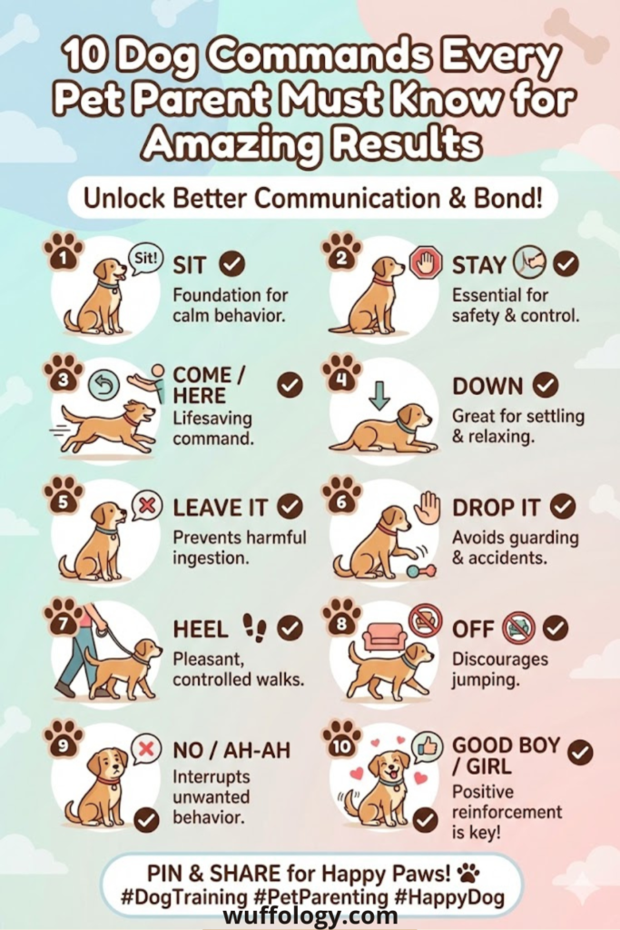 Infographic showing 10 essential dog training commands with cute dog illustrations and brief tips for each command, titled ‘10 Dog Commands Every Pet Parent Must Know for Amazing Results