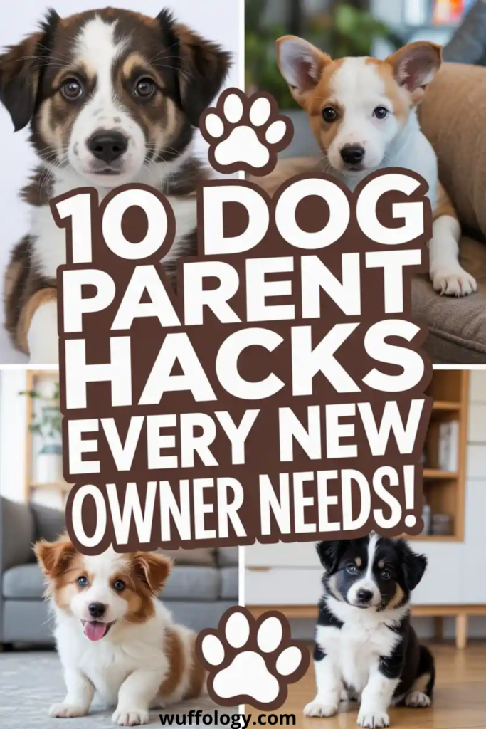 Collage of four adorable puppies in cozy home settings, with large bold text in the center reading ‘10 Dog Parent Hacks Every New Owner Needs!’ and paw print graphics included. The puppies have different coat colors and are sitting or lying down, creating a warm and inviting pet-parent theme