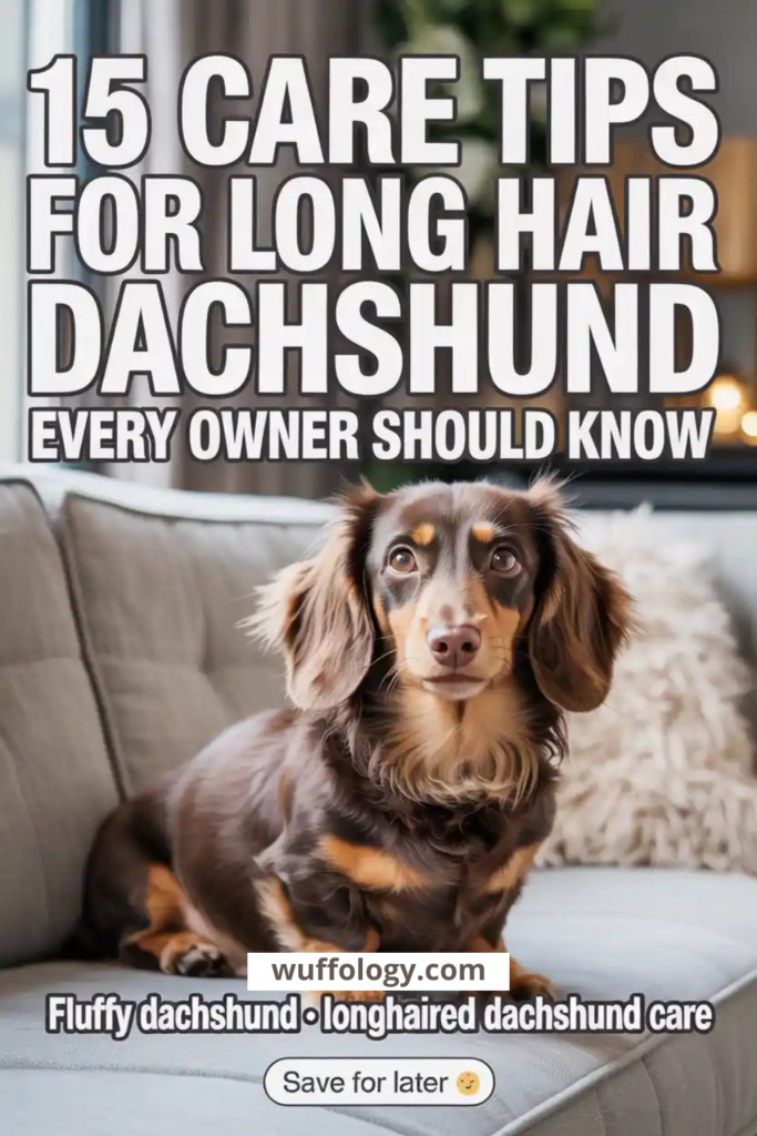 “Long haired dachshund sitting on a couch indoors with fluffy ears and silky coat, featuring text ‘15 Care Tips For Long Hair Dachshund Every Owner Should Know’, a helpful grooming and care guide for fluffy dachshund and longhaired dachshund owners.”