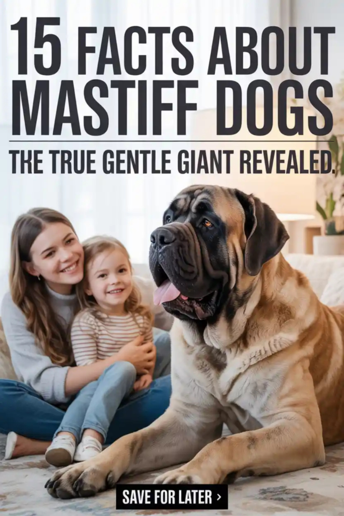 “Large Mastiff dog lying calmly indoors beside a smiling mother and young child, showcasing the gentle giant temperament of mastiff dogs. Image text reads ‘15 Facts About Mastiff Dogs – The True Gentle Giant Revealed,’ highlighting why Mastiffs are loyal family pets and popular big guard dog breeds.”