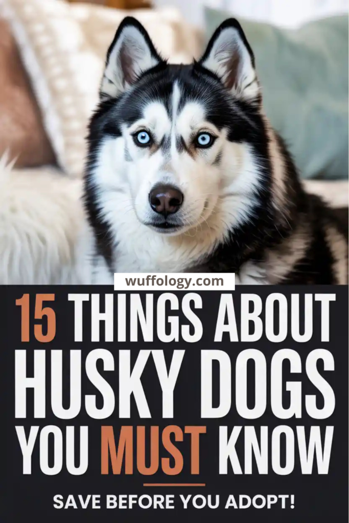 “Siberian Husky Dog with striking blue eyes sitting indoors, featured on a Pinterest pin that reads ‘15 Things About Husky Dogs You Must Know – Save Before You Adopt,’ highlighting essential facts about husky dogs for future owners.”