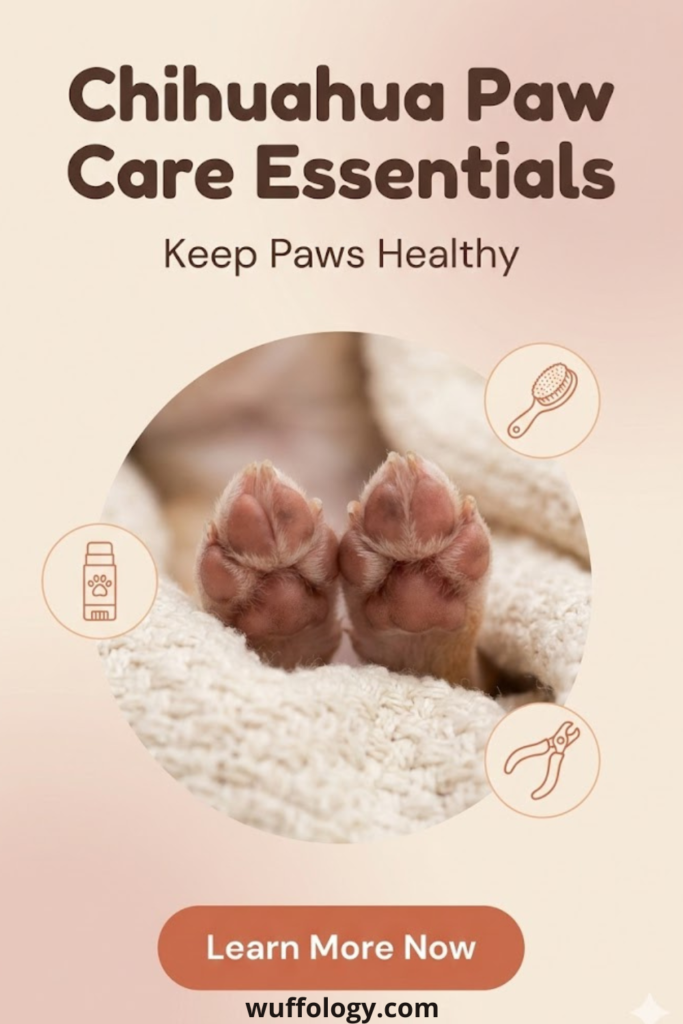 Close-up of a Chihuahua’s small paws resting on a soft blanket, with the text ‘Chihuahua Paw Care Essentials – Keep Paws Healthy.’ The pin also shows simple grooming icons and a button that says ‘Learn More Now’ on a warm beige background