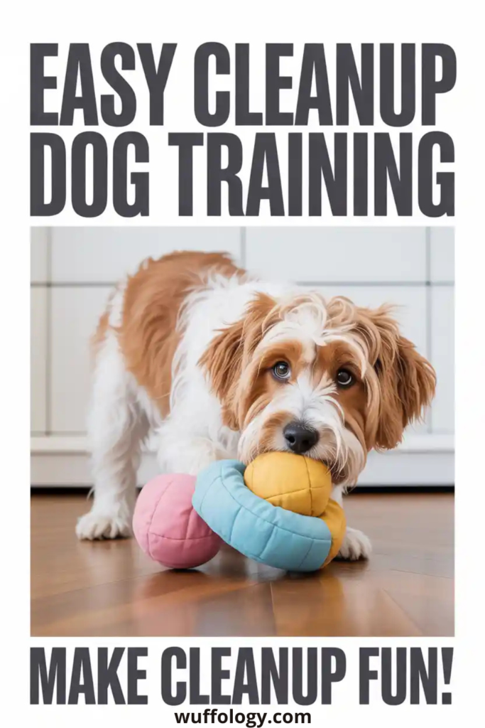 Cute fluffy dog picking up colorful soft toys from the floor during a training session. The text on the image reads ‘Easy Cleanup Dog Training’ and ‘Make Cleanup Fun!’ with a clean white background