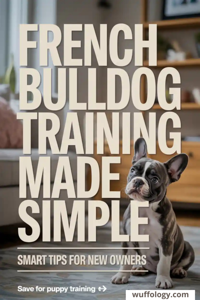 French Bulldog puppy sitting calmly in a cozy living room while large text reads ‘French Bulldog Training Made Simple – Smart Tips for New Owners.’ Clean Pinterest-style design with a save-for-training call to action at the bottom