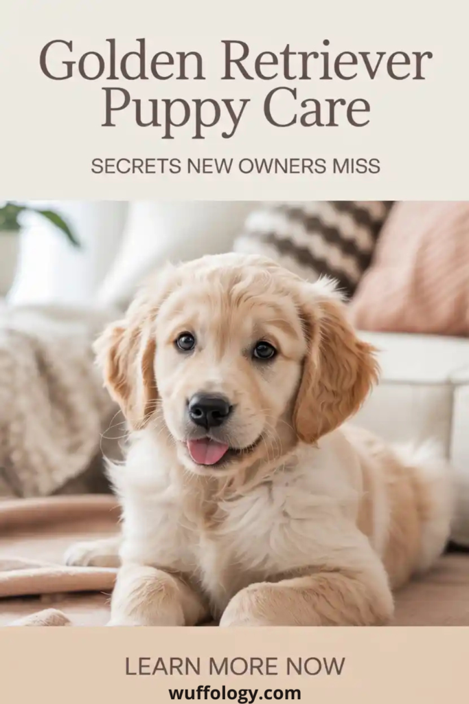 Cute Golden Retriever puppy lying on a cozy blanket indoors, looking at the camera with its tongue slightly out. The text on the image reads ‘Golden Retriever Puppy Care — Secrets New Owners Miss’ with a CTA saying ‘Learn More Now’ at the bottom