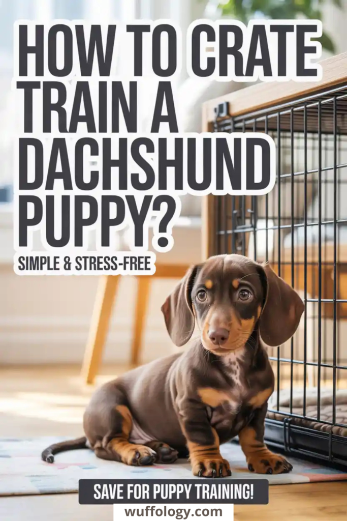 “Dachshund puppy sitting calmly beside a crate indoors, illustrating how to crate train a Dachshund puppy with simple and stress-free steps for beginners, featuring a cozy home setting and puppy training environment.”