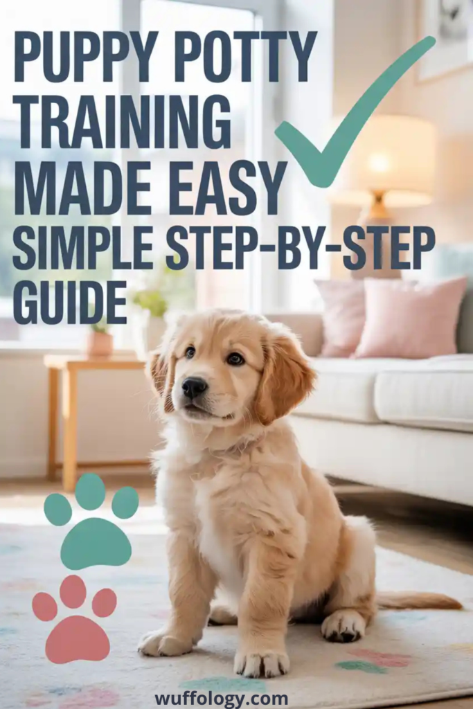Cute golden puppy sitting on a rug in a bright living room with text that reads ‘Puppy Potty Training Made Easy – Simple Step-by-Step Guide,’ featuring pastel paw print graphics and a checkmark icon