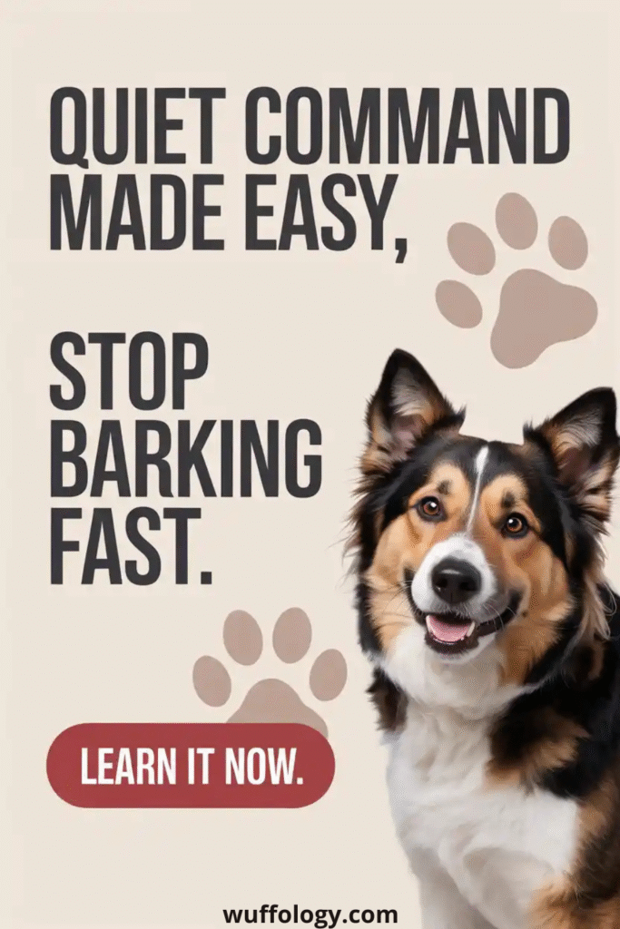 Smiling dog sitting beside bold text that reads ‘Quiet Command Made Easy, Stop Barking Fast.’ A red button below says ‘Learn It Now.’ Beige background with paw print graphics