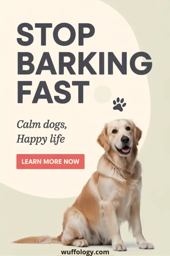 Golden Retriever sitting calmly with text that reads ‘Stop Barking Fast’ and ‘Calm dogs, happy life,’ along with a red button saying ‘Learn More Now’ and a small paw print graphic on a beige background
