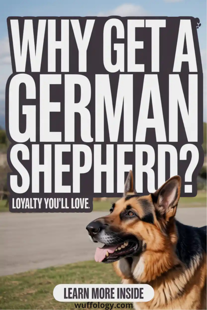 German Shepherd standing outdoors with ears up and tongue out, looking alert and happy. Large text on the image reads ‘Why Get a German Shepherd?’ with the tagline ‘Loyalty You’ll Love.’ and a button-style CTA saying ‘Learn More Inside