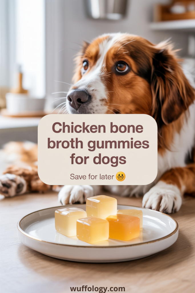 Homemade chicken bone broth gummies for dogs displayed on a white plate, with a brown and white dog watching closely from a kitchen table. Soft natural lighting and text overlay reads ‘Chicken bone broth gummies for dogs – Save for later,’ creating a cozy, healthy homemade dog treat scene