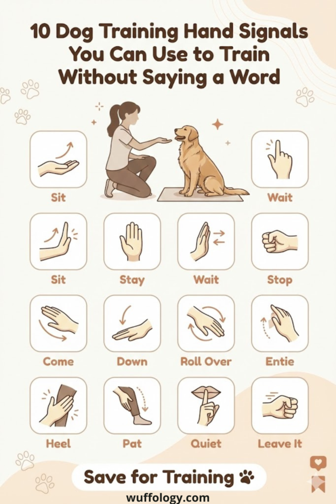Pinterest-style infographic showing ‘10 Dog Training Hand Signals You Can Use to Train Without Saying a Word,’ featuring a trainer using hand gestures with a dog and illustrated icons for commands like sit, stay, wait, stop, come, down, roll over, heel, quiet, and leave it, with a ‘Save for Training’ call-to-action at the bottom.