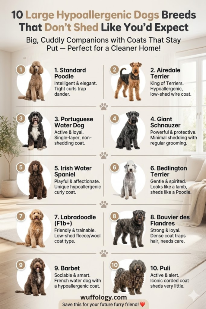 Pinterest-style infographic showing 10 Large Hypoallergenic Dogs Breeds That Don’t Shed Like You’d Expect, displayed in a clean home setting. The chart features numbered photos and short descriptions of breeds including Standard Poodle, Airedale Terrier, Portuguese Water Dog, Giant Schnauzer, Irish Water Spaniel, Bedlington Terrier, Labradoodle, Bouvier des Flandres, Barbet, and Puli, with the Wuffology.com branding at the bottom.