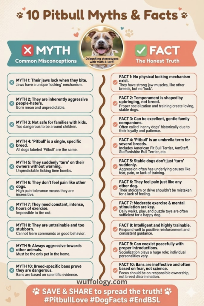 “Vertical infographic titled ‘10 Pitbull Myths & Facts’ showing a happy Pitbull at the center with two columns comparing common myths and factual truths. The left side lists myths with red X icons, while the right side lists facts with green checkmarks. The design uses soft neutral colors, paw print accents, and educational text debunking stereotypes about Pitbull behavior, temperament, training, and family suitability.”