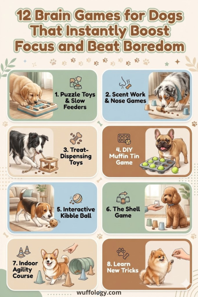 Vertical Pinterest infographic titled ‘12 Brain Games for Dogs That Instantly Boost Focus and Beat Boredom,’ featuring illustrated dogs playing puzzle toys, scent work games, treat-dispensing toys, DIY muffin tin games, interactive kibble balls, shell games, indoor agility courses, and learning new tricks, shown in soft pastel colors with paw print accents