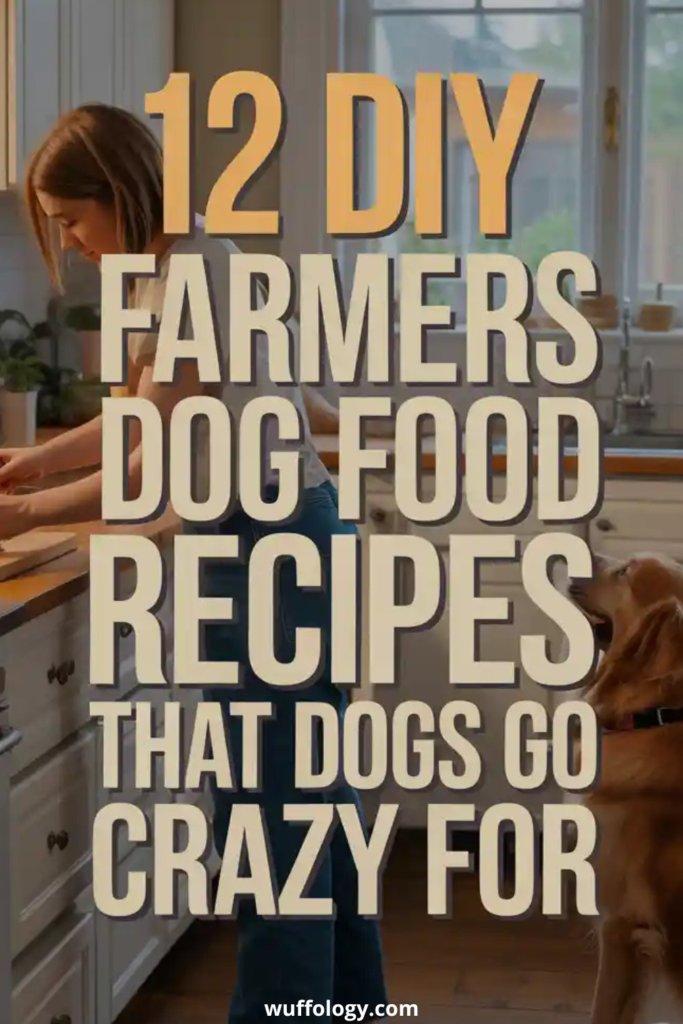 Real-life kitchen scene showing a woman preparing homemade dog food on a counter while a dog watches attentively. Large bold text overlay reads ‘12 DIY Farmers Dog Food Recipes That Dogs Go Crazy For,’ creating a warm, authentic, and home-cooked feel.
