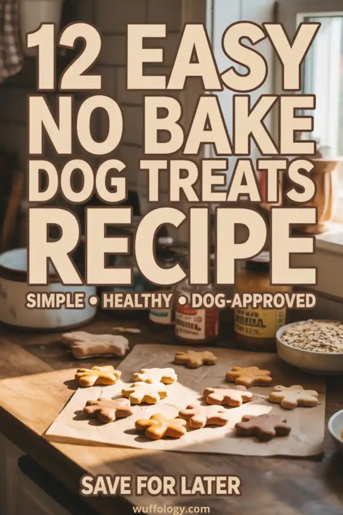 Realistic kitchen scene with homemade no bake dog treats shaped like bones and paws on parchment paper, surrounded by simple dog-safe ingredients. Large text reads ‘12 Easy No Bake Dog Treats Recipe’ with ‘Simple, Healthy, Dog-Approved’ and a ‘Save for Later’ call to action at the bottom