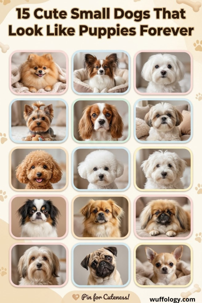 “Pinterest-style infographic titled ‘15 Cute Small Dogs That Look Like Puppies Forever’ featuring a grid of realistic photos of small dog breeds including Pomeranian, Papillon, Maltese, Yorkshire Terrier, Cavalier King Charles Spaniel, Shih Tzu, Toy Poodle, Bichon Frise, Coton de Tulear, Japanese Chin, Tibetan Spaniel, Pekingese, Havanese, Pug, and Chihuahua, displayed on a soft pastel background with paw print accents.”
