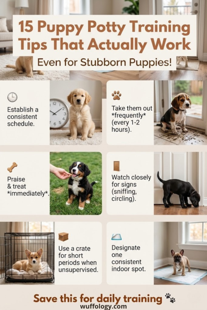 Pinterest infographic showing 15 Puppy Potty Training Tips That Actually Work, even for stubborn puppies. The pin features realistic photos of puppies in home settings with tips like establishing a consistent schedule, taking puppies out frequently, praising immediately, watching for potty signs, using a crate briefly, and choosing one indoor potty spot. Clean, warm layout with a ‘Save this for daily training’ call to action.
