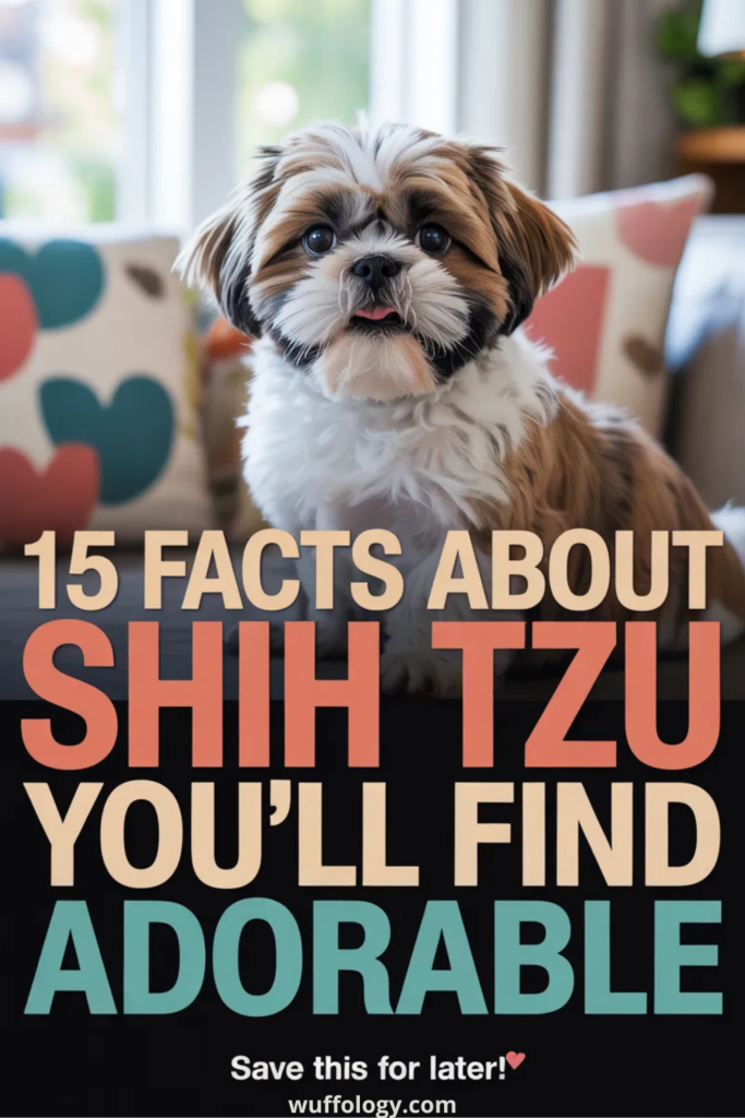 Fluffy Shih Tzu dog sitting indoors on a couch with decorative pillows in the background. Large bold text overlay reads ‘15 Facts About Shih Tzu You’ll Find Adorable’ with a call to action ‘Save this for later!’ and the website wuffology.com at the bottom