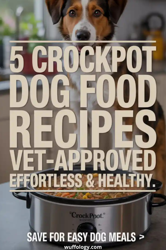 Dog standing behind a slow cooker filled with homemade dog food in a kitchen, looking at the camera. Large overlay text reads ‘5 Crockpot Dog Food Recipes Vet-Approved – Effortless & Healthy’ with a call to action at the bottom saying ‘Save for easy dog meals