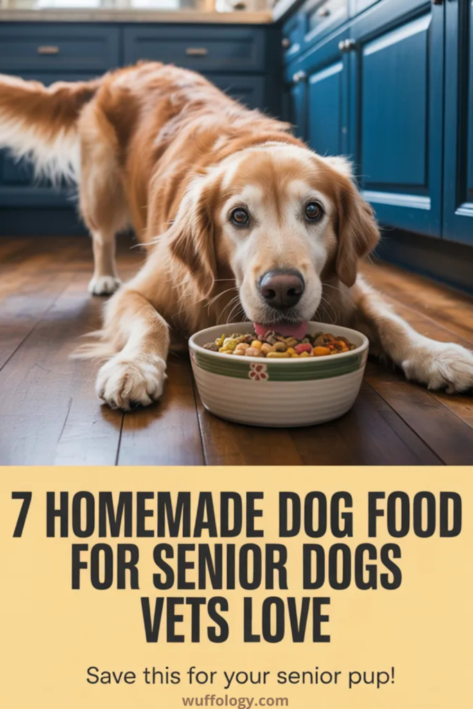 Senior golden retriever lying on a kitchen floor eating from a bowl of dog food, with blue cabinets in the background. Text overlay reads ‘7 Homemade Dog Food for Senior Dogs Vets Love’ and ‘Save this for your senior pup