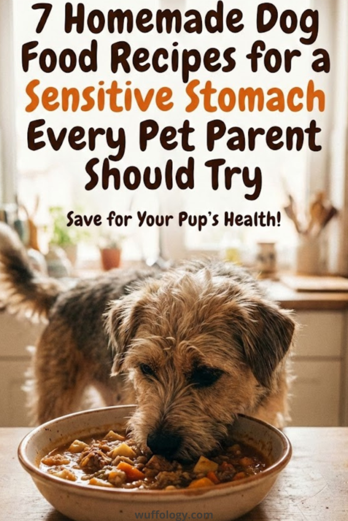 Small scruffy dog eating a bowl of homemade dog food with vegetables and meat in a cozy kitchen. Large text above reads ‘7 Homemade Dog Food Recipes for a Sensitive Stomach Every Pet Parent Should Try’ and a smaller line says ‘Save for Your Pup’s Health!’