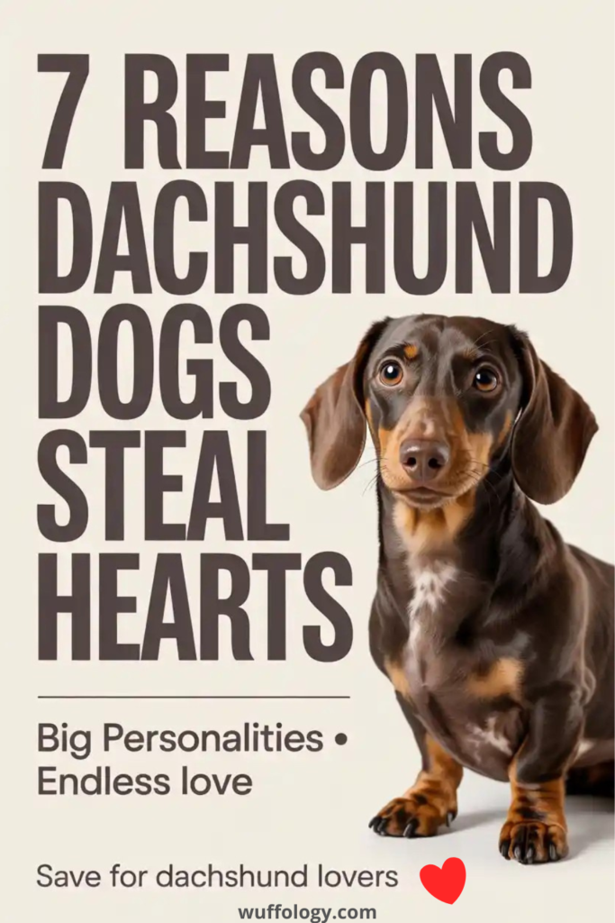 Realistic photo of a brown and tan Dachshund standing against a clean beige background. Large bold text reads ‘7 Reasons Dachshund Dogs Steal Hearts,’ with smaller text saying ‘Big Personalities • Endless love’ and a call to action ‘Save for dachshund lovers.’ The dog looks alert and expressive, highlighting the breed’s charming personality