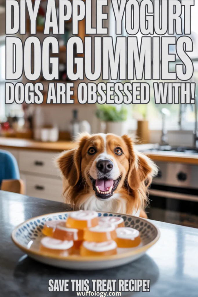 Happy dog in a home kitchen staring excitedly at a plate of DIY apple yogurt dog gummies on a counter. Large bold text reads ‘DIY Apple Yogurt Dog Gummies Dogs Are Obsessed With!’ and a call to action says ‘Save This Treat Recipe!’ with wuffology.com shown at the bottom.