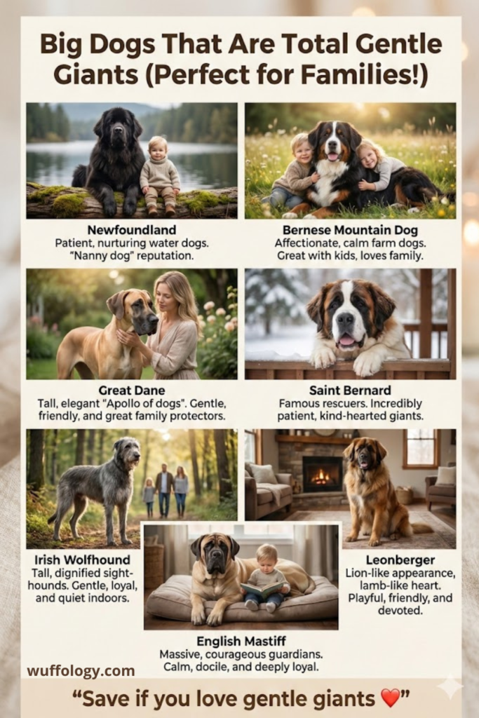 Pinterest-style infographic titled ‘Big Dogs That Are Total Gentle Giants (Perfect for Families!)’ featuring realistic photos of large dog breeds with families. The breeds shown include Newfoundland, Bernese Mountain Dog, Great Dane, Saint Bernard, Irish Wolfhound, Leonberger, and English Mastiff, each with short descriptions highlighting their gentle, family-friendly nature and calm temperament, plus a save call to action at the bottom