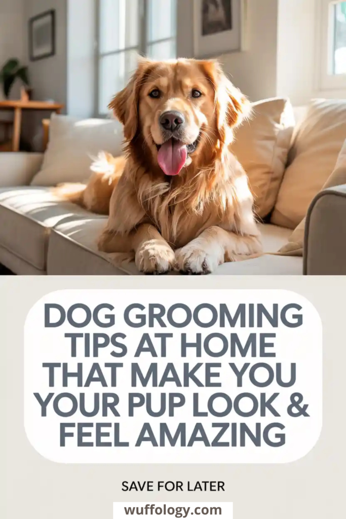 Golden Retriever lying comfortably on a couch in a bright, cozy living room, looking happy and well-groomed with tongue out. Large centered text reads ‘Dog Grooming Tips at Home That Make Your Pup Look & Feel Amazing,’ with a ‘Save for later’ call to action and the website wuffology.com at the bottom