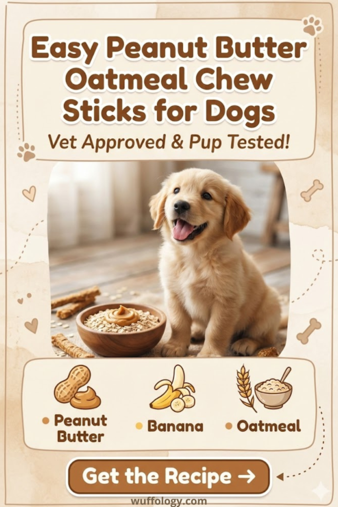 Vertical Pinterest pin featuring a happy golden puppy sitting beside a bowl of peanut butter and oats, promoting ‘Easy Peanut Butter Oatmeal Chew Sticks for Dogs – Vet Approved & Pup Tested!’ with illustrated icons of peanut butter, banana, and oatmeal, plus a ‘Get the Recipe’ call-to-action on a warm neutral background.