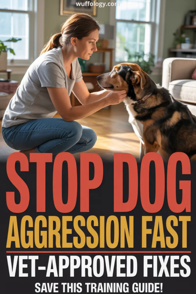 Woman sitting on a living room floor calmly training her dog with a treat, creating a positive training moment. Large bold text overlay reads ‘Stop Dog Aggression Fast – Vet-Approved Fixes’ with a call to action ‘Save This Training Guide!’ at the bottom