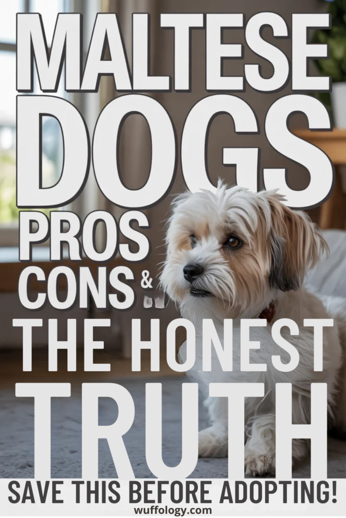 Realistic photo of a Maltese dog lying indoors on the floor, looking to the side with soft natural light. Large bold text overlay reads ‘Maltese Dogs Pros & Cons – The Honest Truth’ with a call to action at the bottom saying ‘Save This Before Adopting!’ and the website wuffology.com