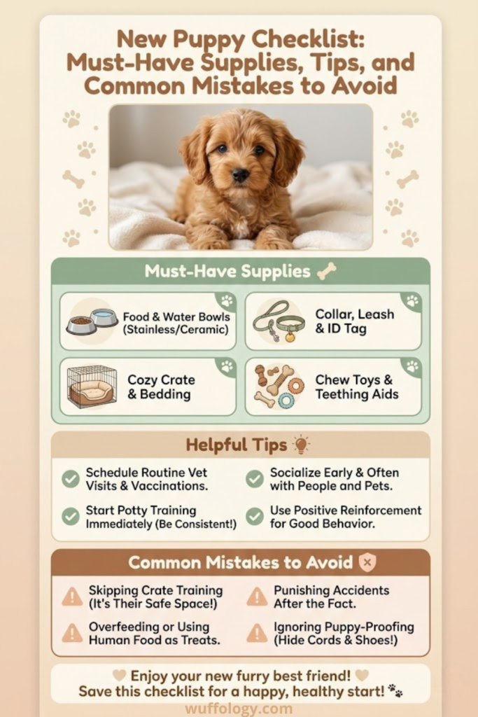 “Vertical Pinterest-style infographic titled ‘New Puppy Checklist: Must-Have Supplies, Tips, and Common Mistakes to Avoid.’ It features a cute puppy lying on a blanket at the top, followed by sections for must-have supplies (food bowls, collar and leash, crate, toys), helpful tips (vet visits, potty training, socialization, positive reinforcement), and common mistakes to avoid (skipping crate training, overfeeding, punishing accidents, not puppy-proofing). Soft pastel colors with paw print icons.”