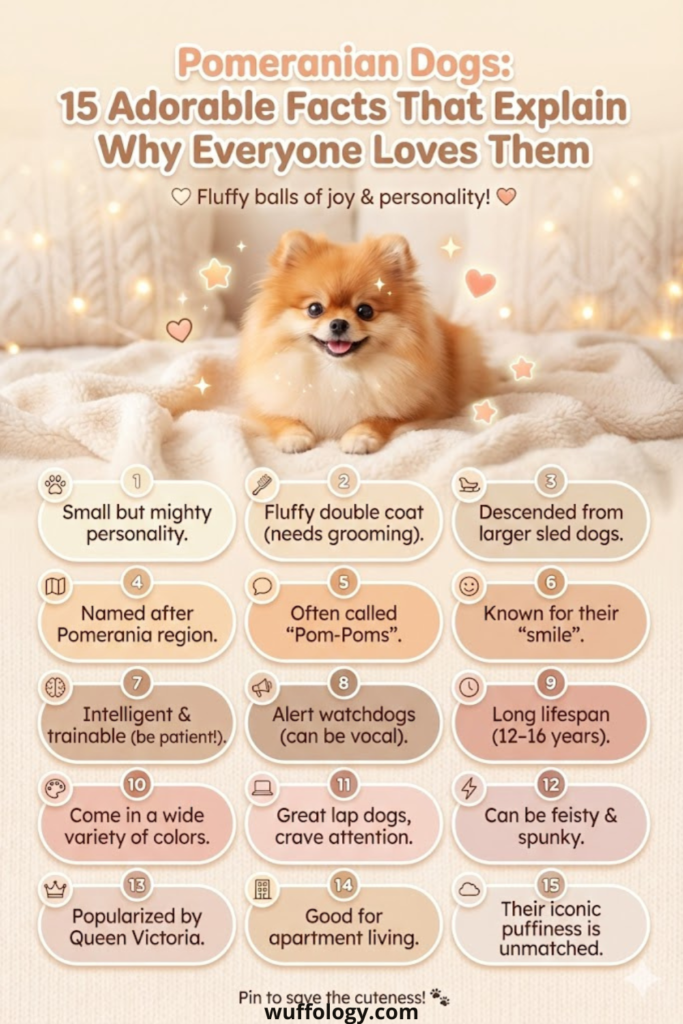 Pinterest-style infographic featuring a fluffy Pomeranian dog lying on a cozy cream blanket, smiling happily. The graphic is titled ‘Pomeranian Dogs: 15 Adorable Facts That Explain Why Everyone Loves Them’ and displays 15 numbered fact bubbles with icons, hearts, and stars, highlighting personality, grooming needs, history, intelligence, lifespan, and iconic fluffiness in soft pastel tones.