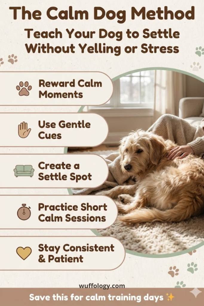 Vertical Pinterest infographic titled ‘The Calm Dog Method: Teach Your Dog to Settle Without Yelling or Stress.’ A relaxed dog lies on a cozy rug beside its owner in a calm home setting. The infographic lists simple steps with icons: Reward Calm Moments, Use Gentle Cues, Create a Settle Spot, Practice Short Calm Sessions, and Stay Consistent & Patient, with a ‘Save this for calm training days’ call to action at the bottom