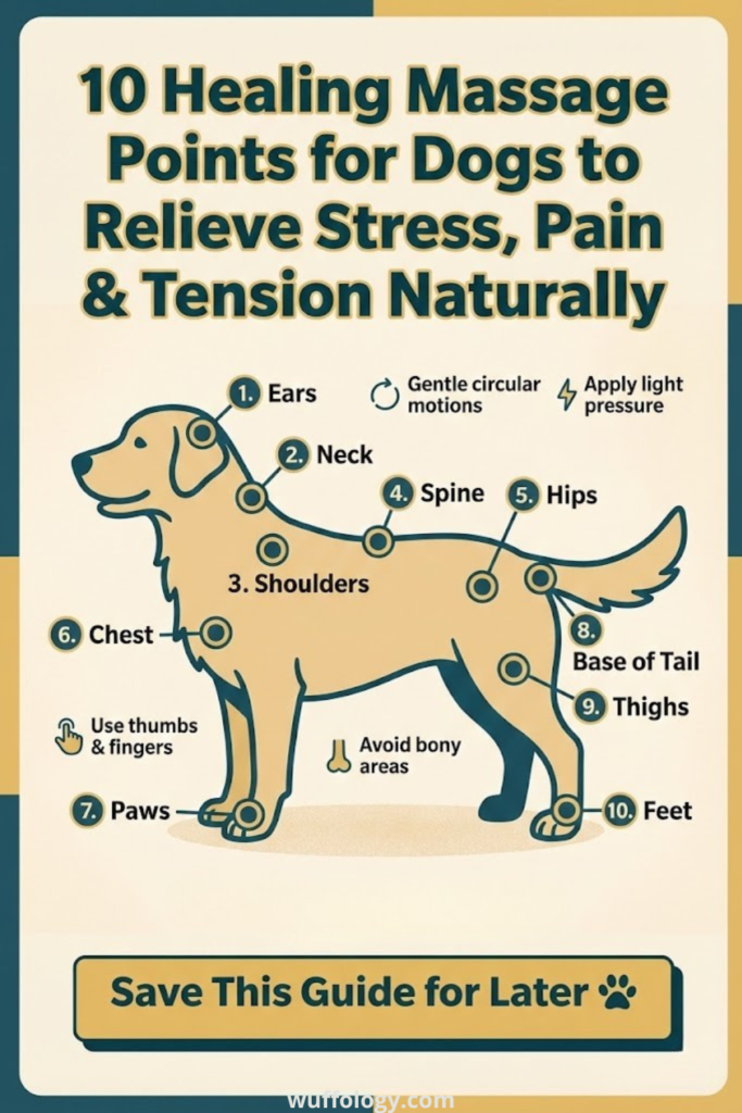 10 Healing Massage Points for Dogs to Relieve Stress, Pain & Tension Naturally’ showing a side-view dog diagram with 10 labeled massage points including ears, neck, shoulders, spine, hips, chest, paws, base of tail, thighs, and feet, plus tips like gentle circular motions and apply light pressure, with a ‘Save This Guide for Later’ call to action