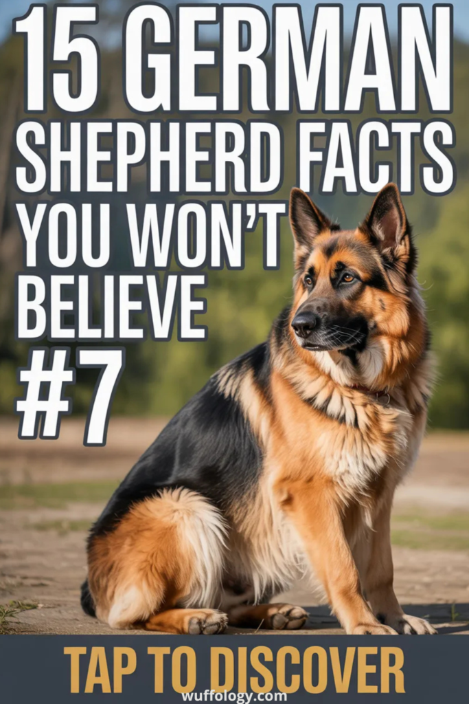 Alert German Shepherd sitting outdoors on a path with a blurred green background. Large bold text reads ‘15 German Shepherd Facts You Won’t Believe #7’ with a call to action at the bottom saying ‘Tap to Discover’ and the website wuffology.com displayed
