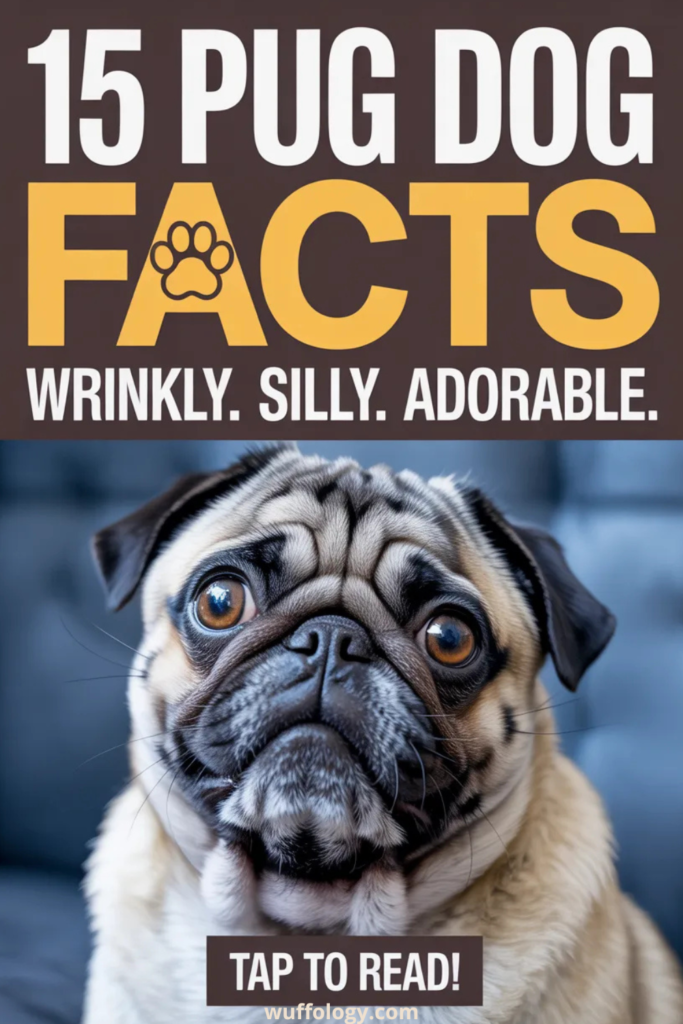 Close-up of an adorable wrinkly pug dog with big round eyes looking at the camera, with bold text reading ‘15 Pug Dog Facts – Wrinkly. Silly. Adorable.’ and a call to action ‘Tap to Read!’ on a dark background.
