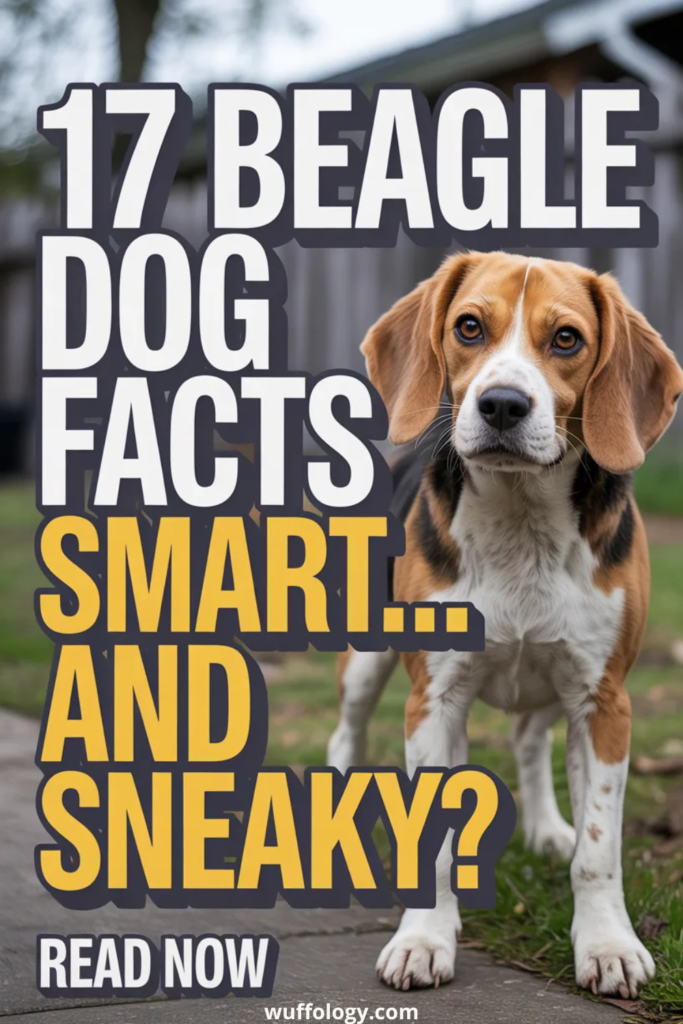 Beagle standing on a sidewalk outdoors, looking alert and curious. Bold overlay text reads ‘17 Beagle Dog Facts Smart… and Sneaky? Read Now’ with wuffology.com at the bottom