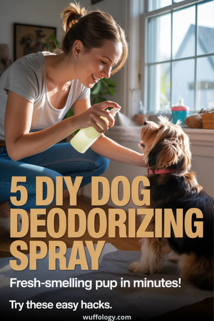 Dog owner spraying a homemade deodorizing spray on a small dog indoors near a sunny window. The image features bold text reading ‘5 DIY Dog Deodorizing Spray – Fresh-smelling pup in minutes! Try these easy hacks.’ showing a natural home grooming moment