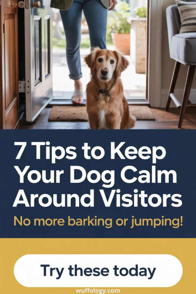 Calm golden-colored dog sitting politely at the front door while a visitor enters the home. Bold overlay text reads ‘7 Tips to Keep Your Dog Calm Around Visitors – No more barking or jumping!’ with a ‘Try these today’ call-to-action button and wuffology.com at the bottom