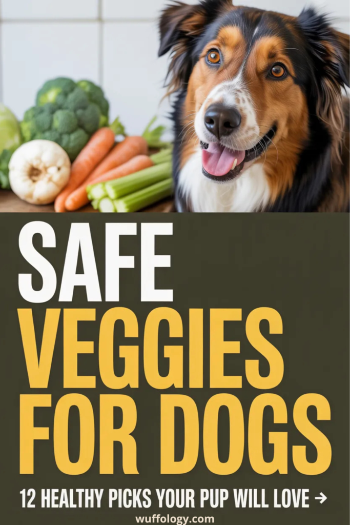 Happy dog with tongue out sitting beside fresh vegetables like carrots, celery, broccoli, and garlic on a kitchen counter. Bold text on the image reads ‘SAFE VEGGIES FOR DOGS – 12 healthy picks your pup will love’ with wuffology.com at the bottom